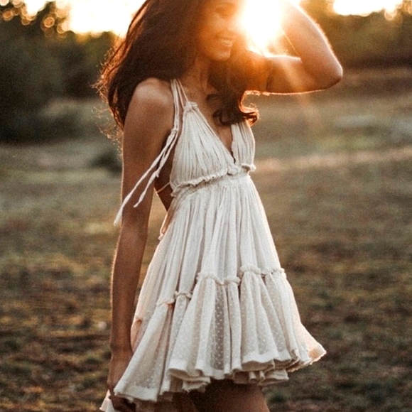 NEW Boho Mesh Tulle Dot Ruffle Halter Mini Dress Off White Cream Ivory - Picture 10 of 14